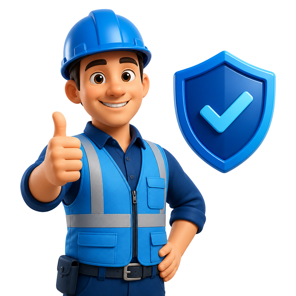 Ilustración 3D de un trabajador con casco de seguridad y escudo de protección de ARL
